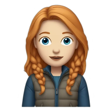 Straight ginger hair and blue eyes woman with a Canadian jacket sticker