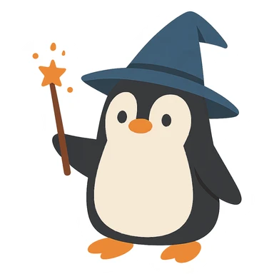 flat toon style penguin wizard with a pointy hat and wand sticker