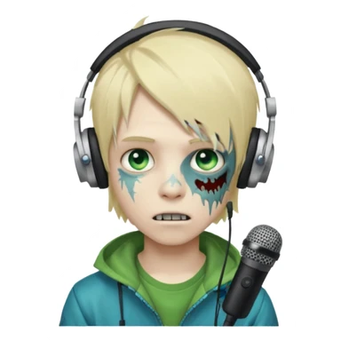 boy zombie whit blonde emo hair and eyes blue and green skin and heandphones and a microfone sticker