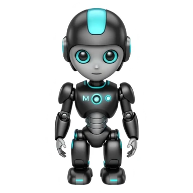 Cute futuristic chibi humanoid robot with large rounded head, glossy black and grey metal body, glowing cyan and amber eyes, visible joints, confident pose, white background, high-detail 3D render, LMX text on chest. sticker