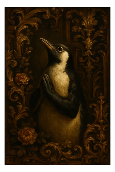 a penguin in baroque style, with dramatic lighting, looking upwards with flippers together in a pleading gesture, praying, surrounded by ornate baroque decorations sticker