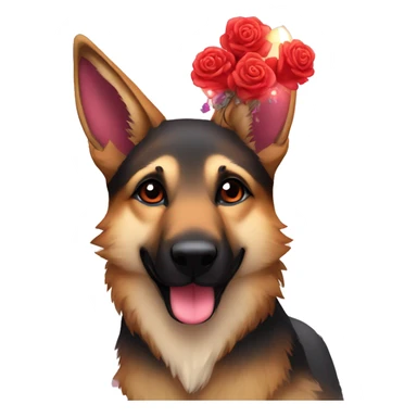 Brindled German shepherd fox carrying glowing red lantern, fairy lights, rose flower crown sticker