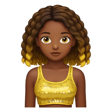 Sasha from Bratz with long light dark brown hair, dark skin, hazel eyes, yellow sequin crop top sticker