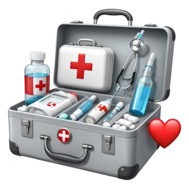 An icon featuring a medical suitcase with a red cross, a bottle of pills, a stethoscope, and a syringe, symbolizing medicine. The design includes a thermometer, bandages, and a heart monitor, representing healthcare and medical treatment. Transparent background highlights the science of healing. sticker