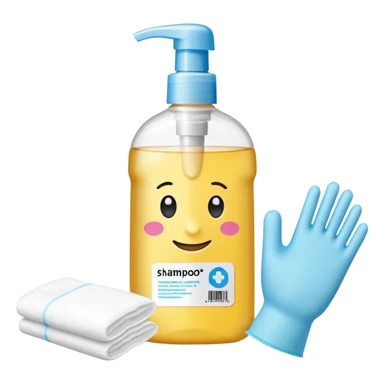 emoji of big (1L) bottle of shampoo, disposable gloves and cotton pads (for makeup) are standing on a table, products look like its always running out, add brand labels to them, make quantity bigger , and i want to see more disposable products, without faces sticker