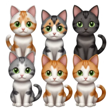 6 different coloured small cats including a dark grey and white, and a patchy calico, and a brown tabby and white,  and a completely solid dark grey with green eyes and only white paws sticker
