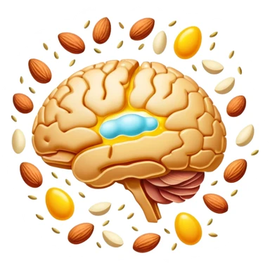 Glowing brain near a shimmering liver, with choline-rich foods floating around them: eggs with bright yellow yolks, clusters of almonds, cuts of lean meat, and dairy products. Golden connections flow between the foods and organs, showing the pathway of this essential nutrient. sticker