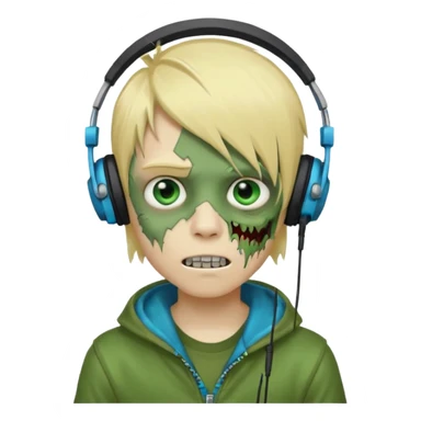 boy zombie whit blonde emo hair and eyes blue and GREEN SKIN and heandphones and a microfone and gold teeth sticker