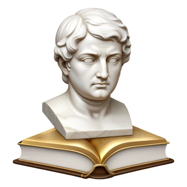 An icon featuring a classical bust, a book of philosophy, symbolizing the study of philosophy. The design includes an abstract symbol of thought and reasoning, representing deep intellectual inquiry and exploration of ideas. Transparent background sticker