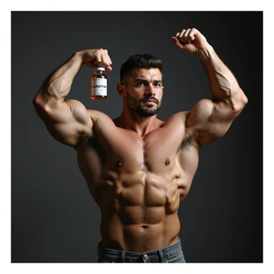 bodybuilder in victory pose, hyperrealism 4k, holding a vial with a label 'CARNITINA' in large block letters sticker