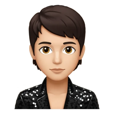 Frankie Zulferino, Pop Singer (b.1990) with dark brown hair, black sequin outfit, light tan skin sticker