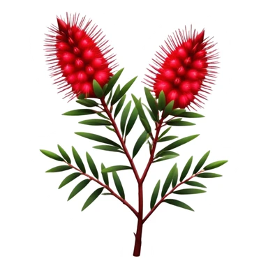 Cinematic Realistic Callistemon Emoji, Vibrant and striking, with spiky red flowers resembling a bottlebrush. The slender leaves create a fine backdrop to the bold blooms, while the plant exudes energy and vitality. Soft glowing outline, capturing the essence of strength, color, and natural beauty in a brilliant callistemon tree! sticker