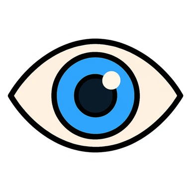blue eyeball icon with black outlines, lineal color style, transparent background, slight shine effect sticker