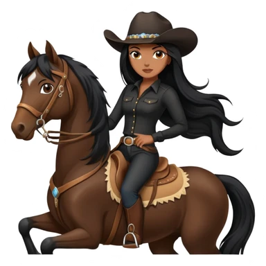 confident hot tanned woman with long black hair wearing black outfit riding a horse cowgirl style sticker