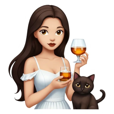 Beautiful woman in 1950’s woman fashion look, white dress, long dark brown hair, whisky with ice, black cat sticker