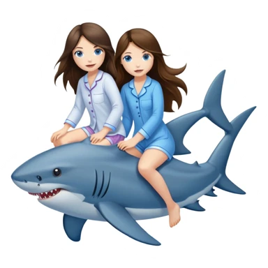 two brunette long hair girl blue eyes in pyjamas riding two shark sticker