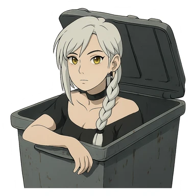 she is poking out from a garbage dumpster, a closeup portrait of young woman with gold yellow eyes, white hair, long braid, black off-shoulder top d-cup, punk gothic style, futuristic cyberwave cyberpunk, sticker