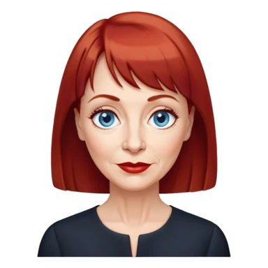 Older woman in her early 60s with fair skin, wider oval face, noticeable age lines, blue eyes, thin eyebrows, small nose, red lips, dark red hair with straight bangs, wearing a black blouse sticker