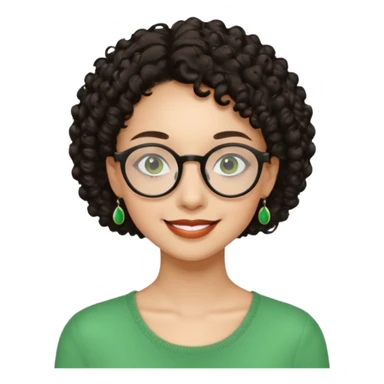 Very slim woman, light skin, short dark curly hair, black round glasses, green earrings, thin build, warm smiling face. Cartoon style. sticker