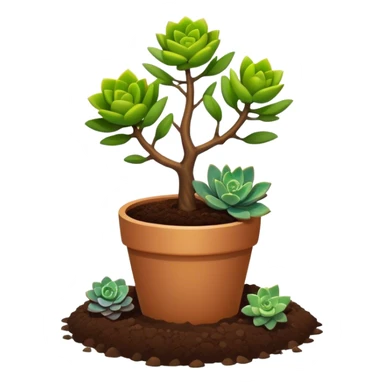 Close-up of a potted sapling in rich soil surrounded by vibrant plants and succulents. Bright sunlight filters through the window, casting soft shadows. Nearby gardening tools rest on a wooden table. Cozy indoor atmosphere with greenery and flowers. sticker