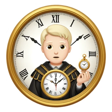 a 1600s judge with a hurried expression holding a clock that ticks VERY FAST  sticker