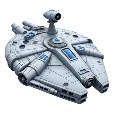 Millennium Falcon from Star Wars, emoji style, spaceship with precise details: circular cockpit, parabolic antenna, panels, blue engines, gray and metallic colors, realistic look within emoji style sticker