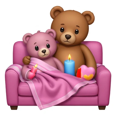 Brown teddy bear cuddling with a pink teddy bear wrapped in a blanket watching tv on couch with candles next to them sticker