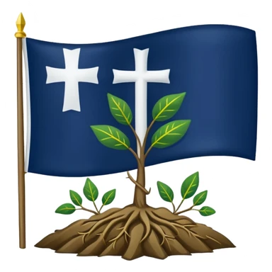 a flag with a Navy blue background with a white cross in the center, roots coming down from the bottom of the cross, a green leaf in the top right corner of the flag, and a slightly dark yellow star rising from behind the cross. sticker