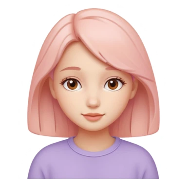 Create a cohesive set of 8 emoji-style icons that represent a kind-hearted, very lovable girl (head-and-shoulders). Requirements: soft, rounded shapes and friendly proportions; warm pastel color palette (peach skin undertone options, blush pink, warm lavender accents);  sticker