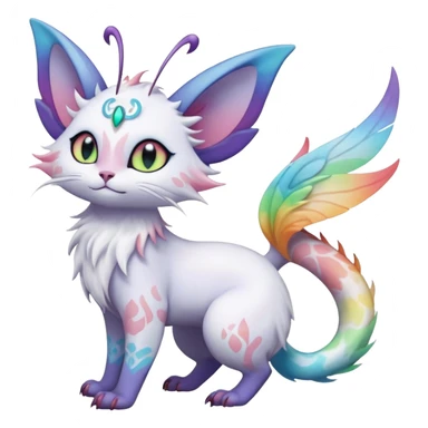 Pure-snow-White albino iridescent with pastel rainbow-gradients-color-markings with swirly patterns butterflies  faerie-Noivern-Noibat-Purloin-Torracat-Lykoi-Caracal-cat-Fakemon-fusion-hybrid-creature sticker