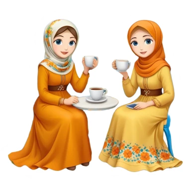 Turkish beautiful finish Konya girls blue eyes with Beautiful orange yellow floral hijab long tail dress and the two friends in a lovely garden sits on the chair on the ground and holds cup coffe with her hand  sticker