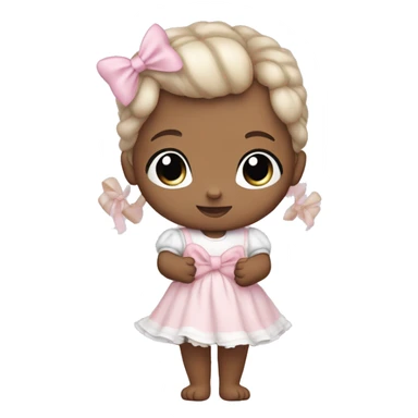 Little white babygirl, with blue eyes. Bronze colored hair in two ponytails, with light pink bows.  She is wearing a light pink and White dress, holding a teddybear with a pink bow. sticker