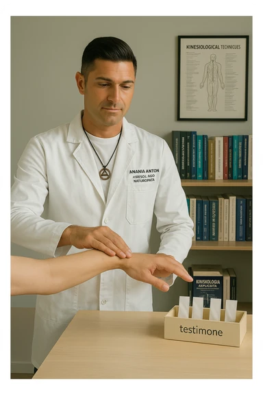 a middle-aged man in a calm, well-lit studio, wearing casual professional attire, performs a classic muscle test on a client’s outstretched arm. On a nearby table, there are small envelopes or vials labeled “testimone” representing samples or objects connected to a distant person. The atmosphere is focused and serene, with books and charts about kinesiological techniques in the background. sticker