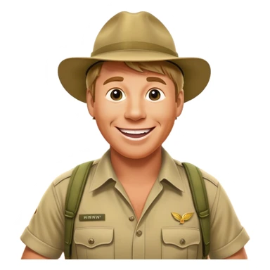 Cinematic Realistic Steve Irwin Portrait Emoji, depicted as a passionate wildlife expert in his signature khaki attire with an enthusiastic smile and a backdrop of the Australian outback, rendered with vibrant textures and dynamic natural lighting that captures his adventurous spirit. sticker