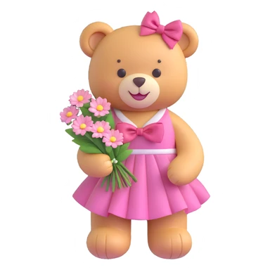 A cute teddy bear with a pink bow on its head, holding a bouquet of white flowers, in a 3D iOS Disney style, with a soft pink background and hearts floating around, wearing a pink dress and a big smile. sticker