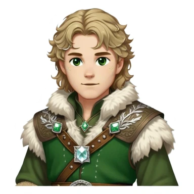 Medieval winter outfit worn by a DnD themed fantasy male character. Heavy olive green wool tunic with lynx fur collar, secured with ornate silver fastenings and a thick embossed leather belt. Clothes only above the waist, full waist coverage. The character has no arms. Character is white-skinned with golden brown hair, forest green eyes, and shoulder-length wavy hair with ice-crystal highlights. sticker