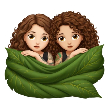 fake sleep pose — long wavy brown hair tattooed woman and short tight curly brown hair woman — peeking under leaf blanket sticker