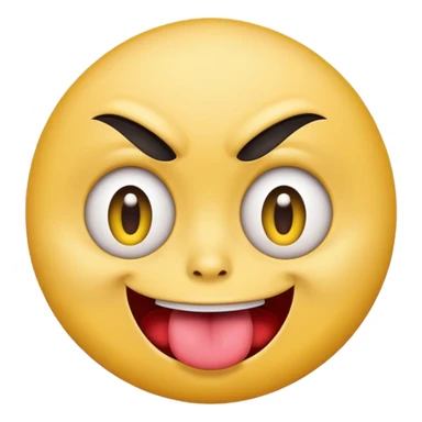A yellow round face emoji smirking with its tounge out but the eyes are evil and kind of crazy and only one of the eyebrows is raised higher than the other eyebrow sticker