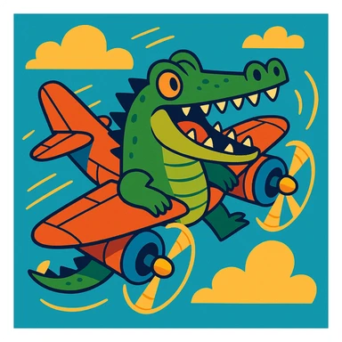 a crocodile with bomber plane wings and propellers, whimsical, energetic illustration sticker