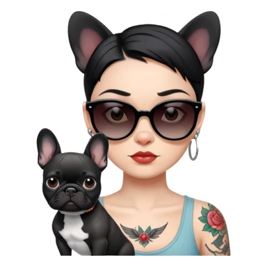 girl with short black  straight hair and tattoos and Wearing sunglasses and a black French bulldog sticker