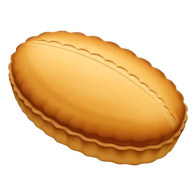 A madeleine pastry. Scalloped oval seashell shape with ONLY four to five vertical lines going in the same direction. Light golden brown. Scalloped edge. Cookie. Flat. Long. Oval shape. Lets scallops. sticker