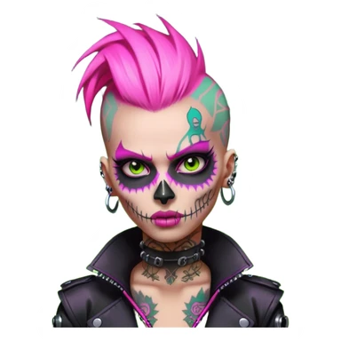Cyberpunk female punk, pink mohawk, skull face tattoos, bionic neck, aggressive expression, neon green lighting sticker