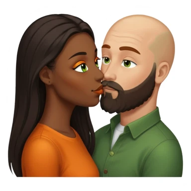 Brown eyed black women with long balayage brown/black hair.  She is kissing bald white man. The White man is 47yrs old, pale, green eyes has orange facial hair and long beard. They are having an intimate moment between lovers sticker