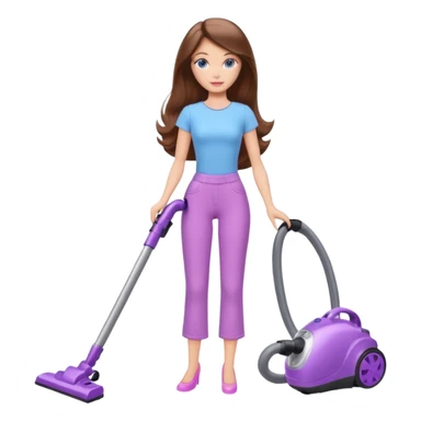 beautiful barbie girl with long brown hair, blue eyes and wearing light purple clothes, cleaning and vacuuming sticker