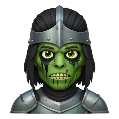 A black male with long black rough hair wearing a knight helmet with green zombie skin  sticker