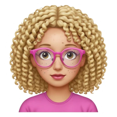 Innocent blonde woman with black eyes, perm curly hair and light skin and pink glasses and freckles  sticker