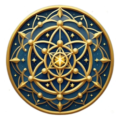 Создай изображение на основе этого промпта: sacred geometry. golden intricate patterns. glowing lines. cosmic dust. deep dark blue background. starry night sky. ethereal light. highly detailed. sharp focus. digital art. high resolution. sticker