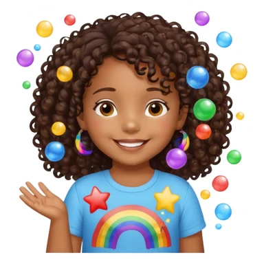 a little 3 year old girl brown skin with dark curly hair smiling with a shirt spelling “z’nié” with rainbows and bubbles and stars in the background sticker
