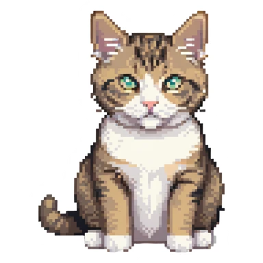 Cute tabby cat with white stomach, pixelated style, sitting to show white belly sticker