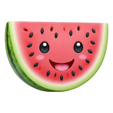Cute Kawaii Watermelon Slice, juicy and vibrant, soft pastel green rind with pink flesh, tiny black seeds shaped like hearts, an adorable happy face with cute round eyes, bursting with summer energy! sticker